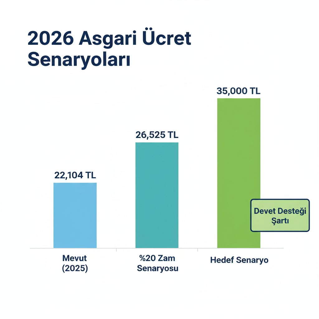[GRAFİK: 2025 asgari ücreti (22.104 TL), %20 zamlı hali (26.525 TL) ve 35.000 TL'lik senaryoyu gösteren karşılaştırmalı bir bar grafiği. 35.000 TL barının yanında 